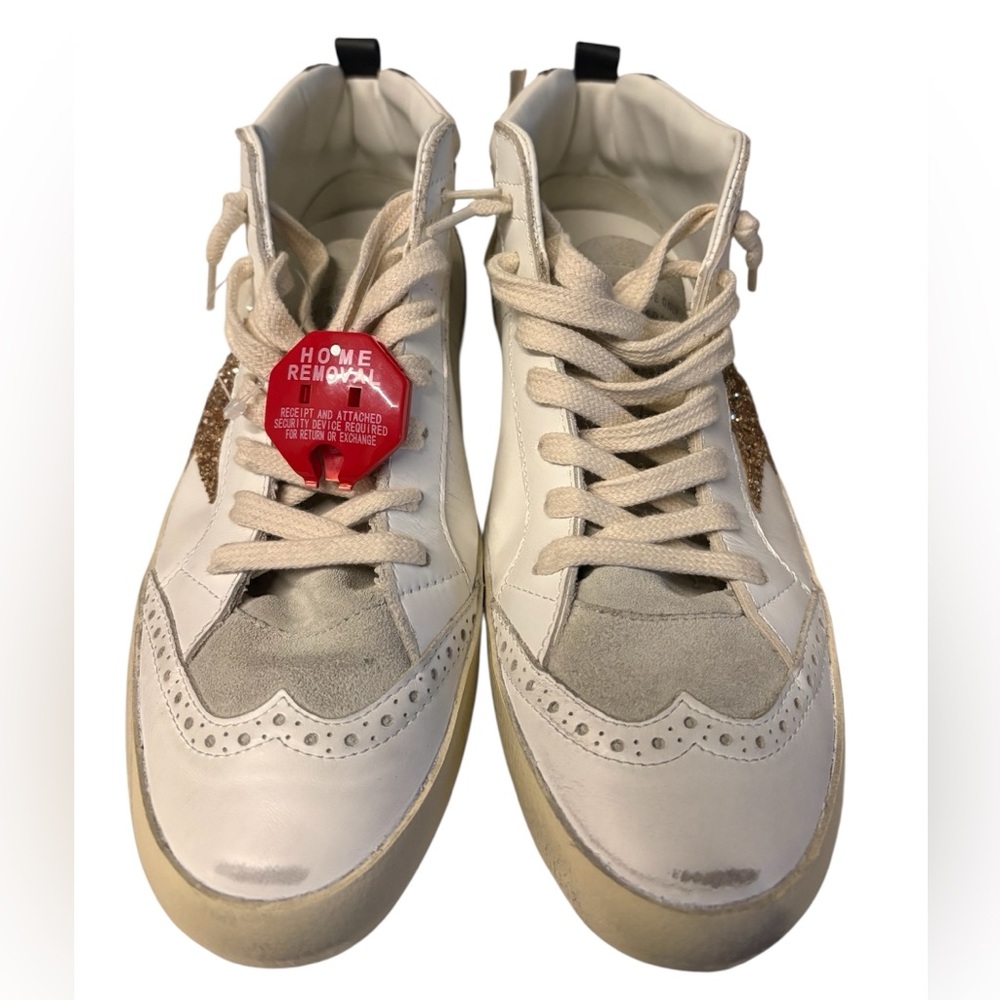 Golden Goose Mid Star White Sneakers with Gold Star and Dark Brown Glitter Heel - Picture 2 of 16